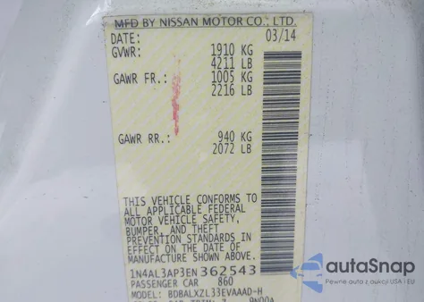 2014 Nissan Altima 2.5 Sl z USA, uszkodzony, nr VIN 1N4AL3AP3EN362543